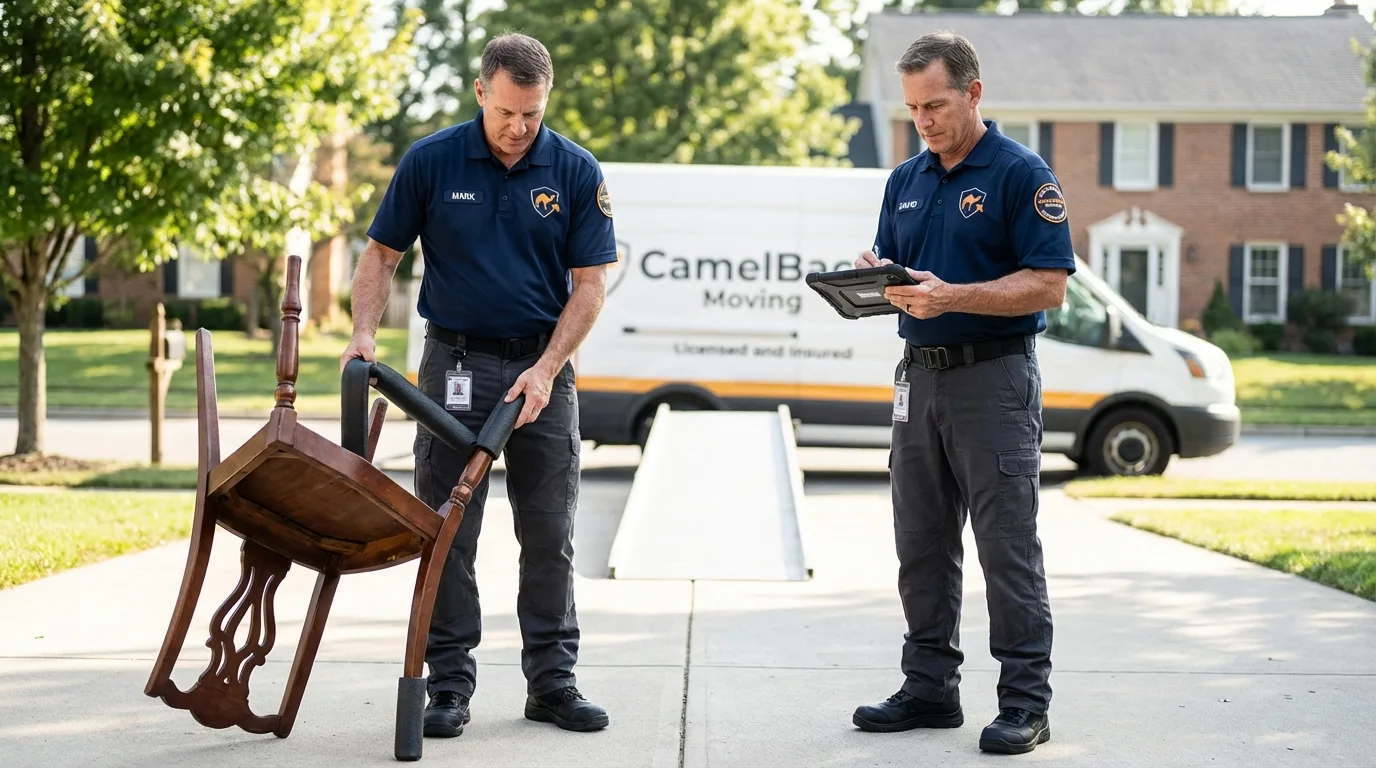 Movers inspecting furniture for damage prevention before loading in Sneads Ferry, NC